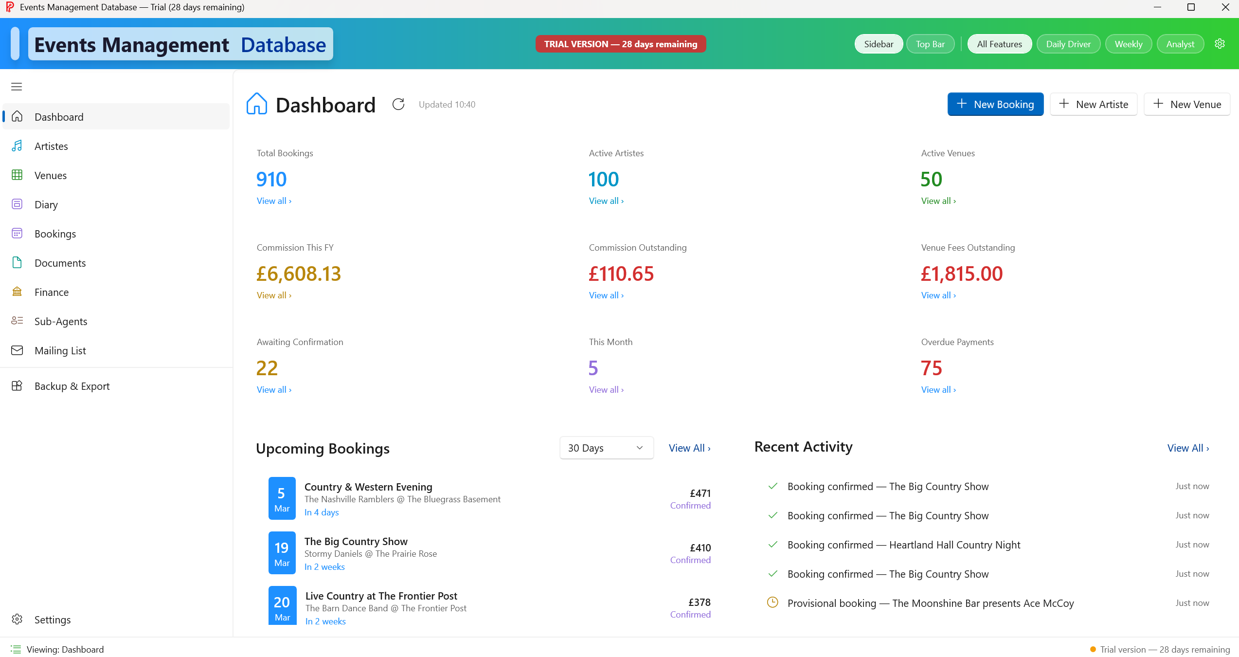 Peleus Desktop Application — Dashboard showing bookings, artistes, venues, and financial overview