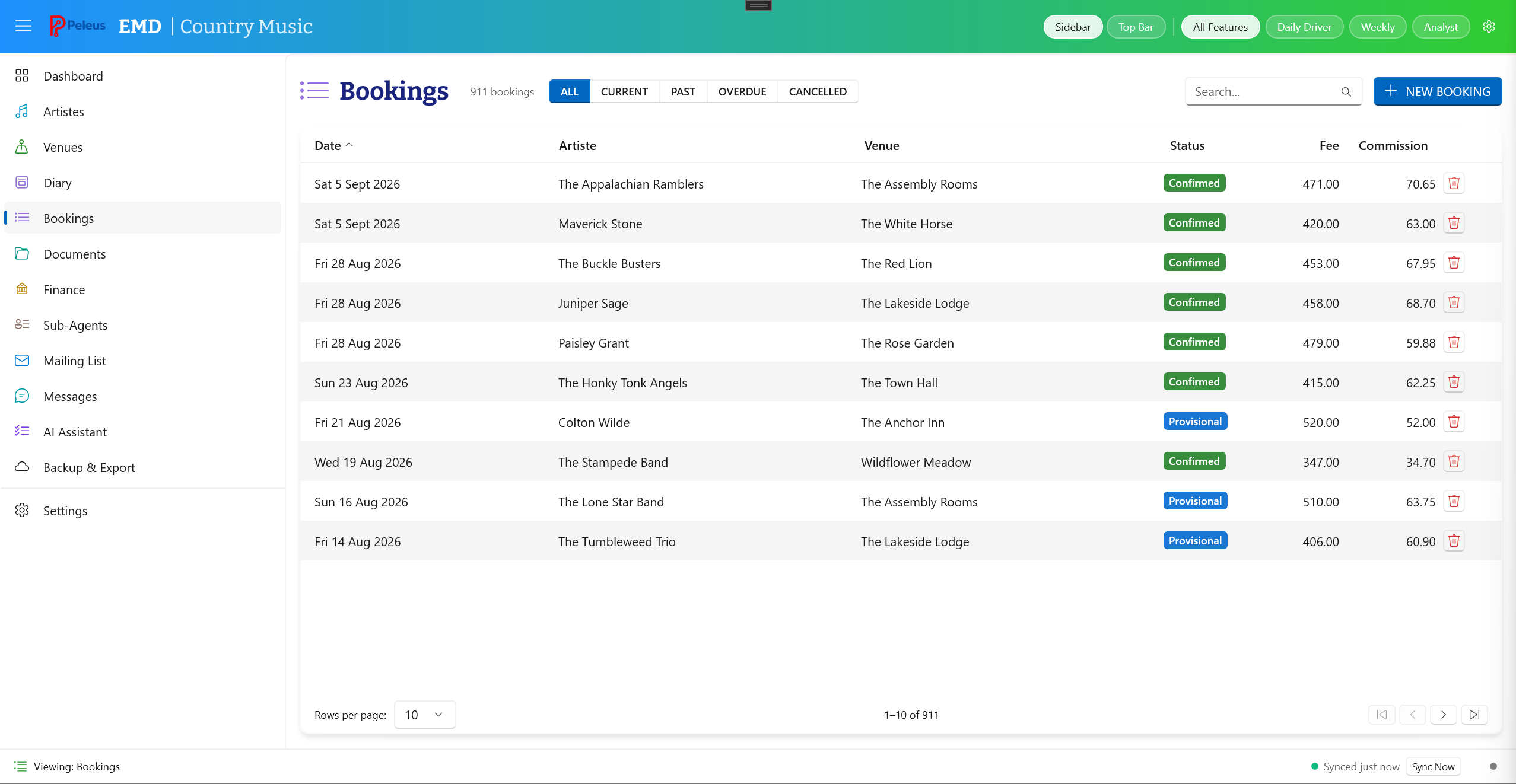 Bookings management screen showing a grid of bookings with status, fees, and venue information