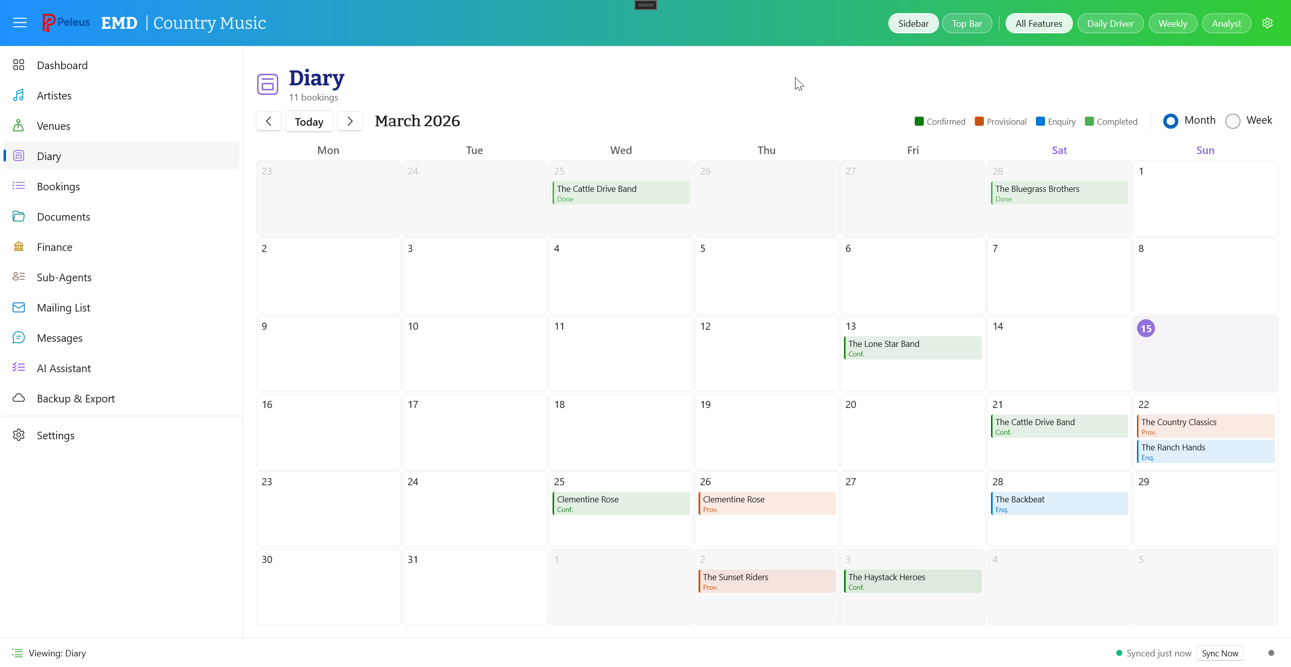 Calendar diary view showing colour-coded bookings across the month